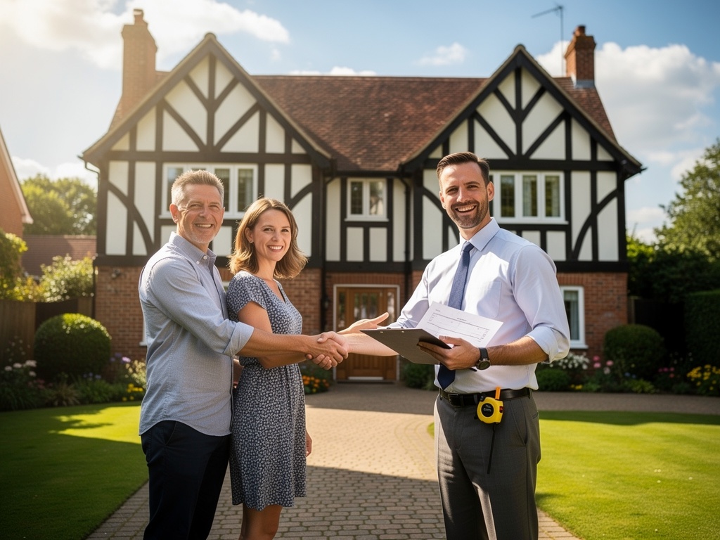 Happy property buyers with Hampton Surveyors building surveyor outside a traditional English house