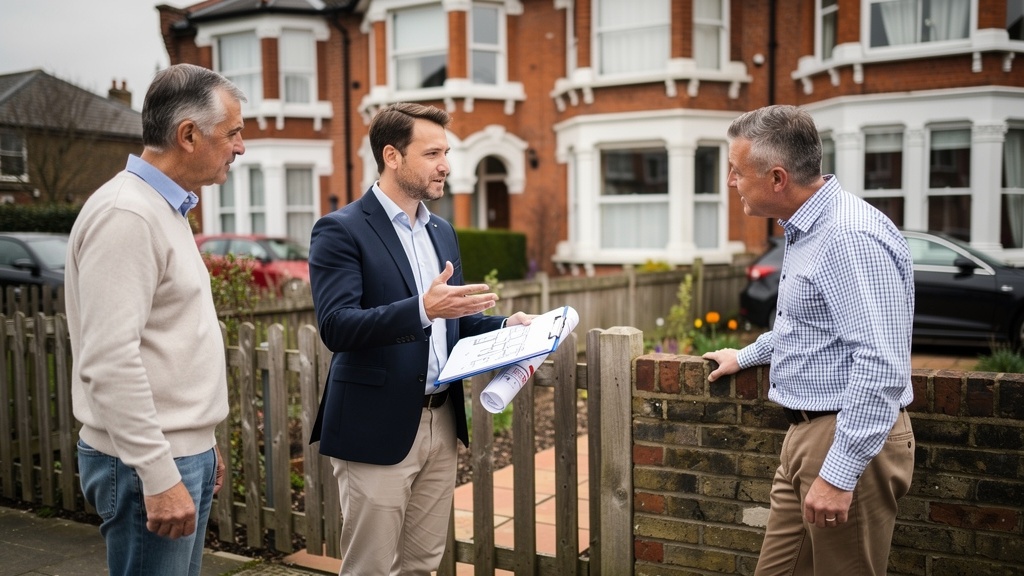 Party wall surveyor consulting with neighbouring homeowners outside adjoining Victorian terraced houses