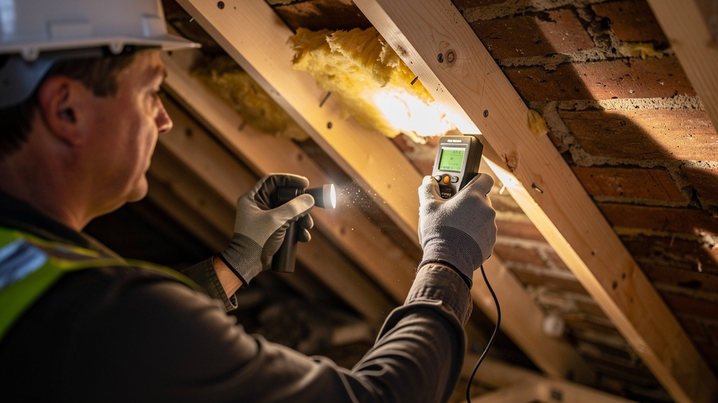 Building surveyor inspecting roof timbers and structural elements in a British property loft